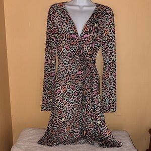 BCBGMaxAzria Adele Pink Orange Yellow Leopard-Print Long Sleeve Wrap Dress